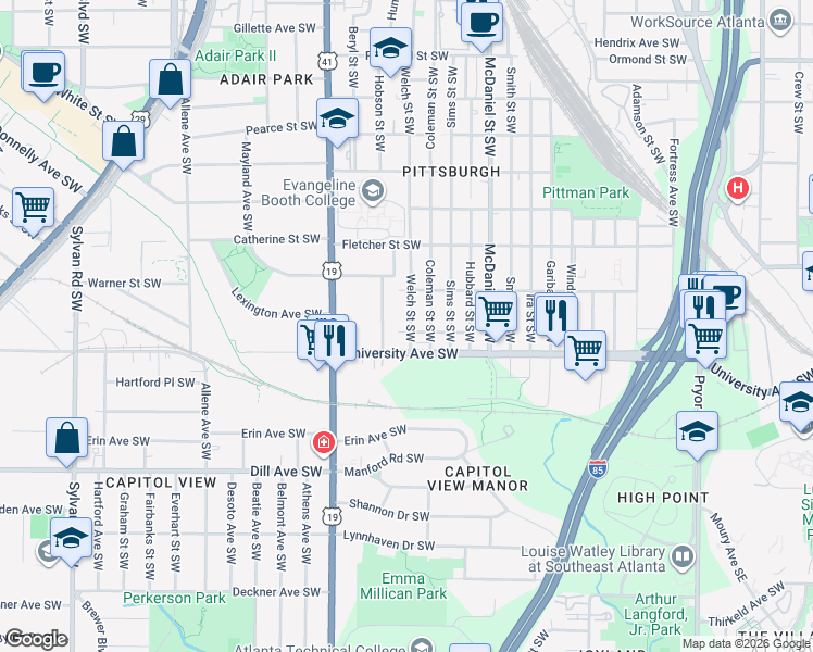 map of restaurants, bars, coffee shops, grocery stores, and more near 1165 Welch St SW in Atlanta