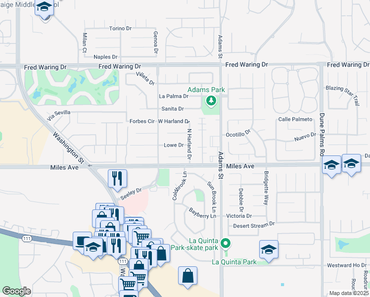 map of restaurants, bars, coffee shops, grocery stores, and more near 78835 Lowe Drive in La Quinta