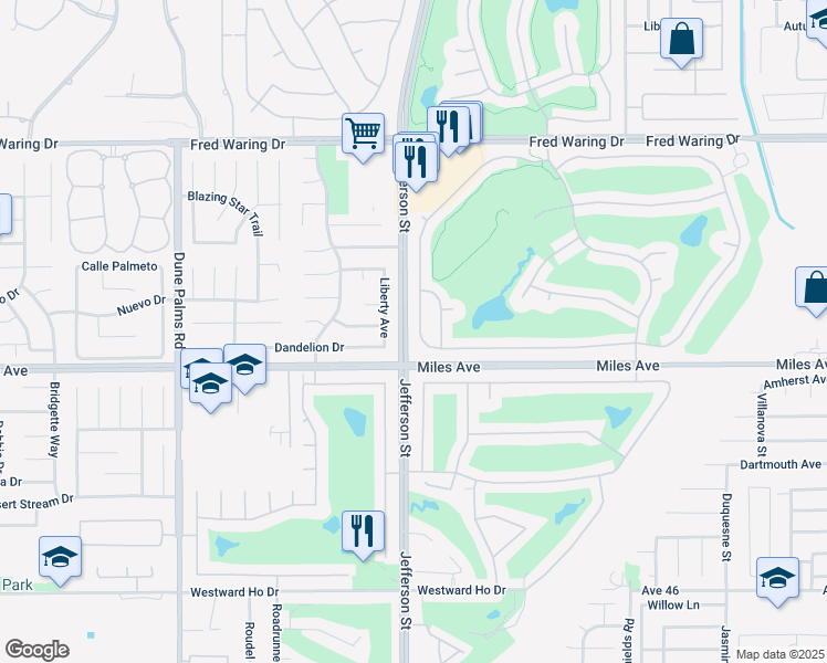 map of restaurants, bars, coffee shops, grocery stores, and more near 44115 Royal Troon Drive in Indio