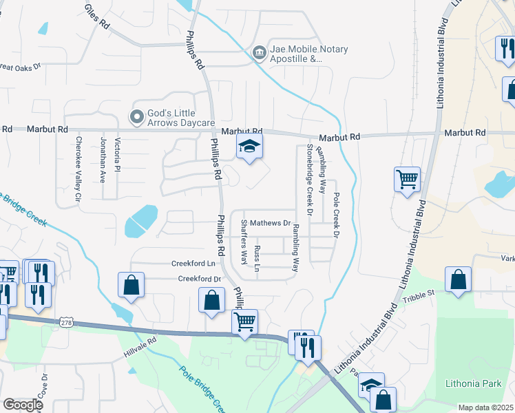 map of restaurants, bars, coffee shops, grocery stores, and more near 2269 Rambling Way in Lithonia
