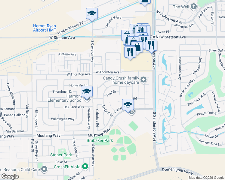 map of restaurants, bars, coffee shops, grocery stores, and more near 3954 Paul Drive in Hemet