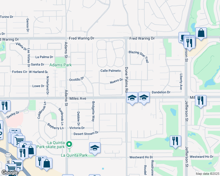 map of restaurants, bars, coffee shops, grocery stores, and more near 79392 Calle Vista Verde in La Quinta
