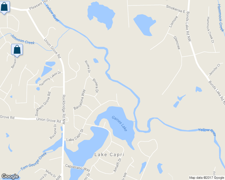 map of restaurants, bars, coffee shops, grocery stores, and more near 2975 Riviera Drive in Conyers