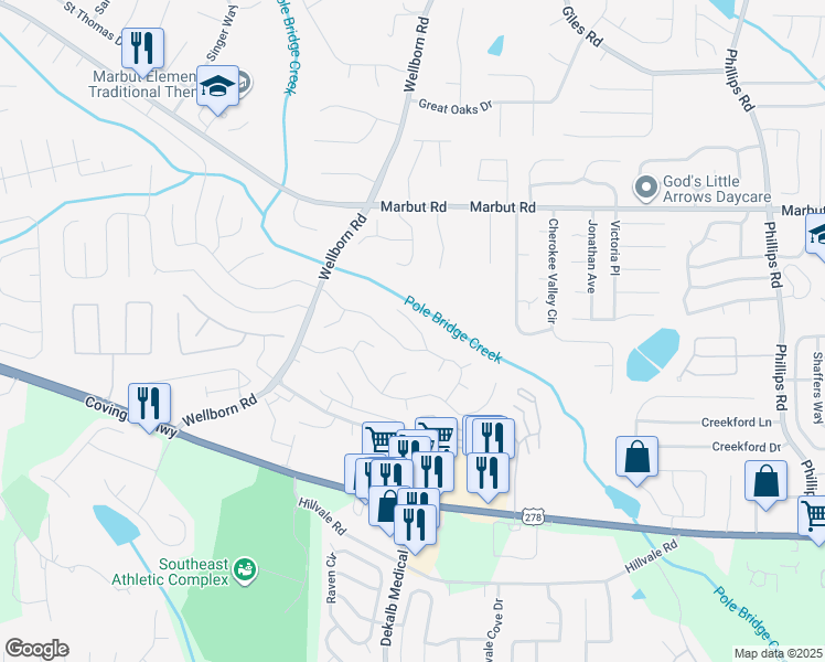 map of restaurants, bars, coffee shops, grocery stores, and more near 2227 Lowtrail Court in Lithonia