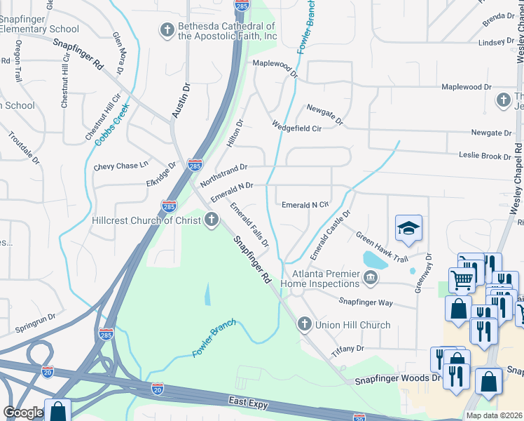 map of restaurants, bars, coffee shops, grocery stores, and more near 3895 Emerald Falls Court in Decatur