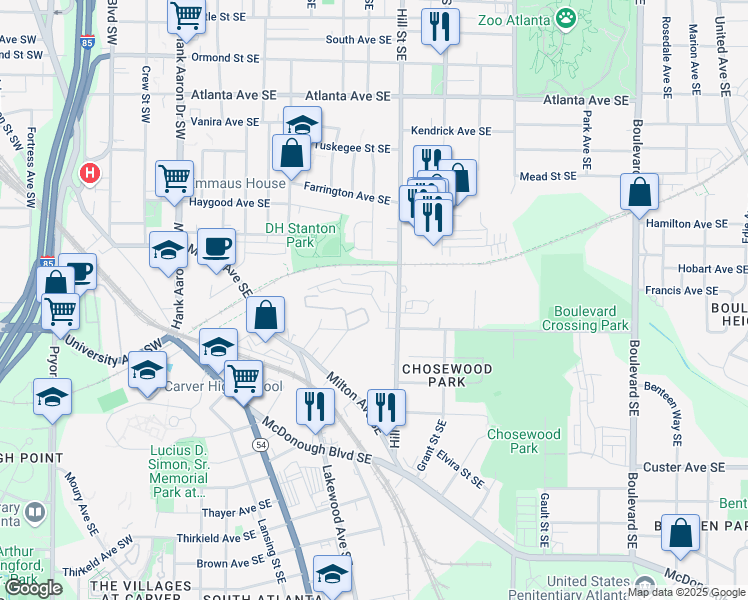 map of restaurants, bars, coffee shops, grocery stores, and more near 387 Skylar Way Southeast in Atlanta