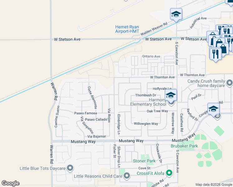 map of restaurants, bars, coffee shops, grocery stores, and more near 1399 Fisher Street in Hemet