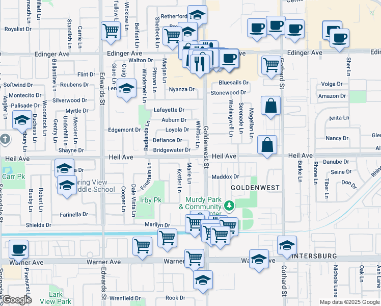 map of restaurants, bars, coffee shops, grocery stores, and more near 6922 Bridgewater Drive in Huntington Beach
