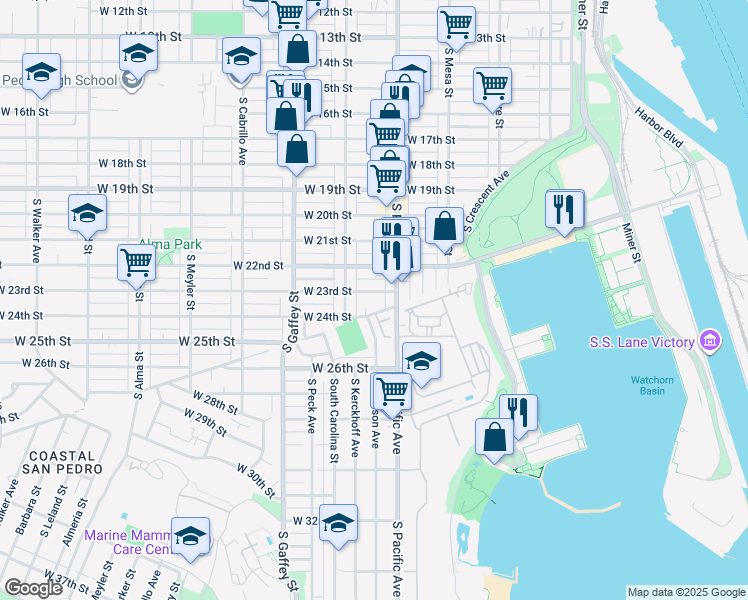 map of restaurants, bars, coffee shops, grocery stores, and more near 541 West 23rd Street in Los Angeles