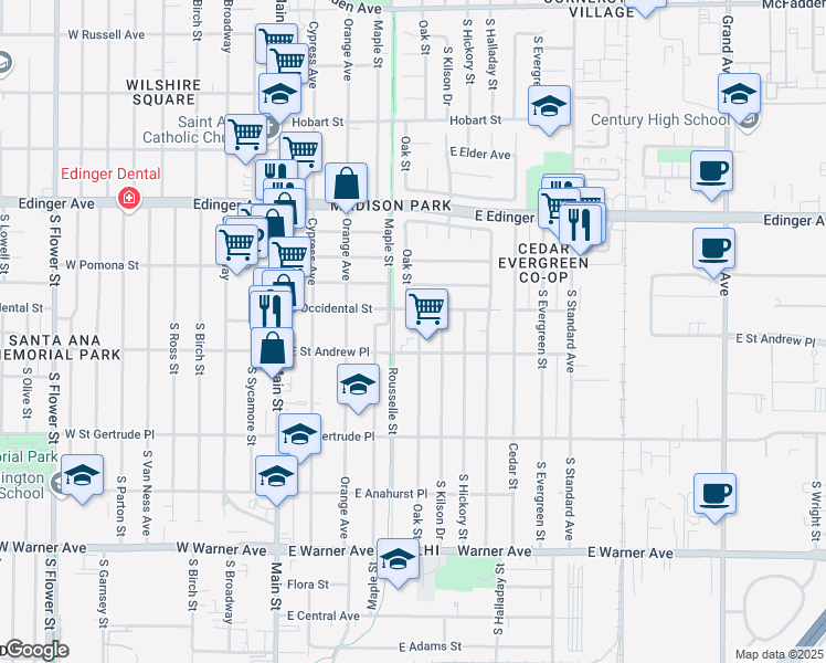 map of restaurants, bars, coffee shops, grocery stores, and more near 1912 Oak Street in Santa Ana