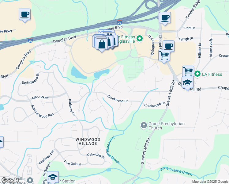 map of restaurants, bars, coffee shops, grocery stores, and more near 6503 Blue Creek Court in Douglasville