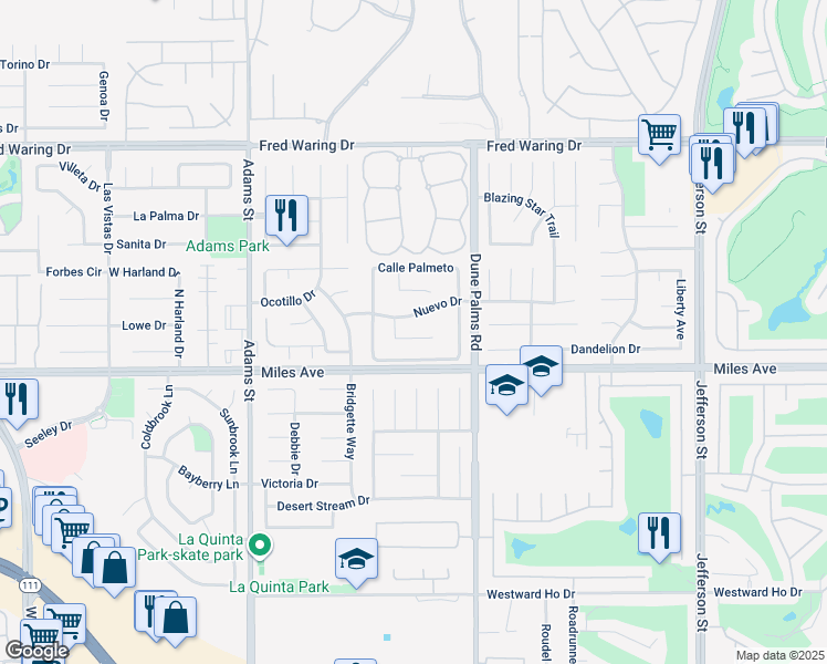 map of restaurants, bars, coffee shops, grocery stores, and more near 79392 Calle Vista Verde in La Quinta