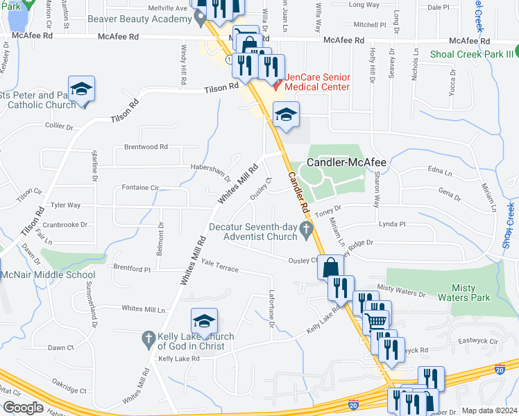 map of restaurants, bars, coffee shops, grocery stores, and more near 2270 Sheryl Drive in Decatur