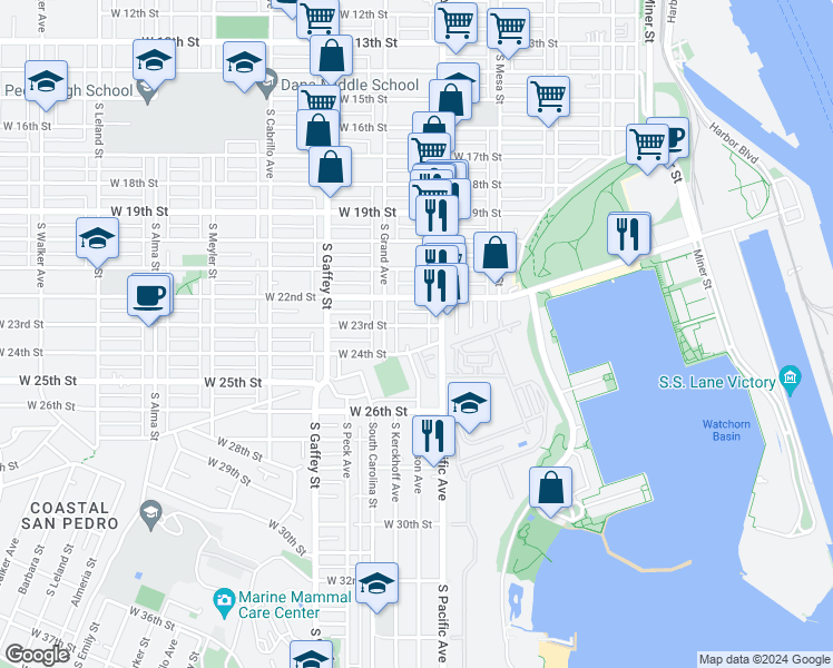 map of restaurants, bars, coffee shops, grocery stores, and more near 541 West 23rd Street in Los Angeles