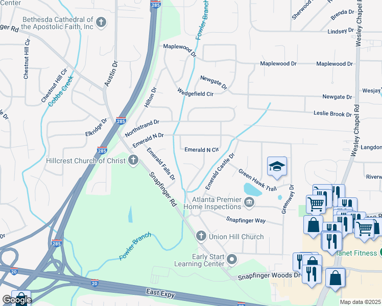 map of restaurants, bars, coffee shops, grocery stores, and more near 3967 Emerald North Circle in Decatur