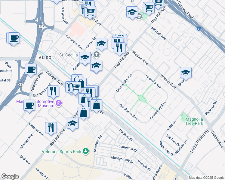 map of restaurants, bars, coffee shops, grocery stores, and more near 14832 Bridgeport Road in Tustin