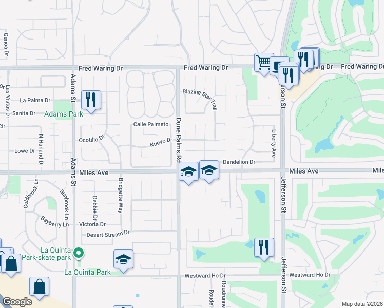 map of restaurants, bars, coffee shops, grocery stores, and more near 79521 Morning Glory Court in La Quinta