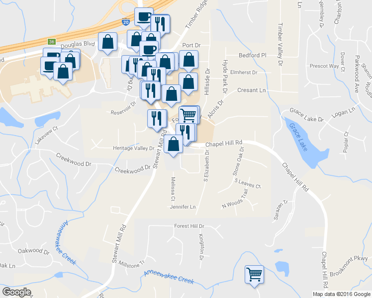 map of restaurants, bars, coffee shops, grocery stores, and more near 2987 Chapel Hill Road in Douglasville