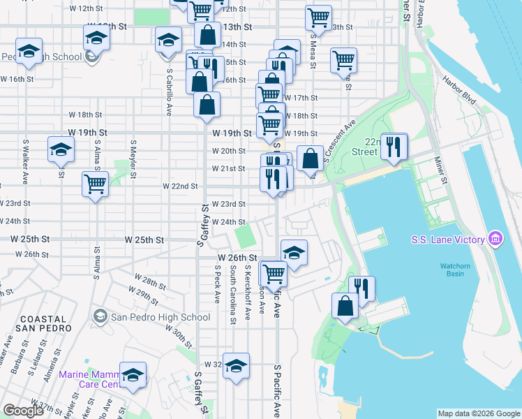 map of restaurants, bars, coffee shops, grocery stores, and more near 541 West 23rd Street in Los Angeles