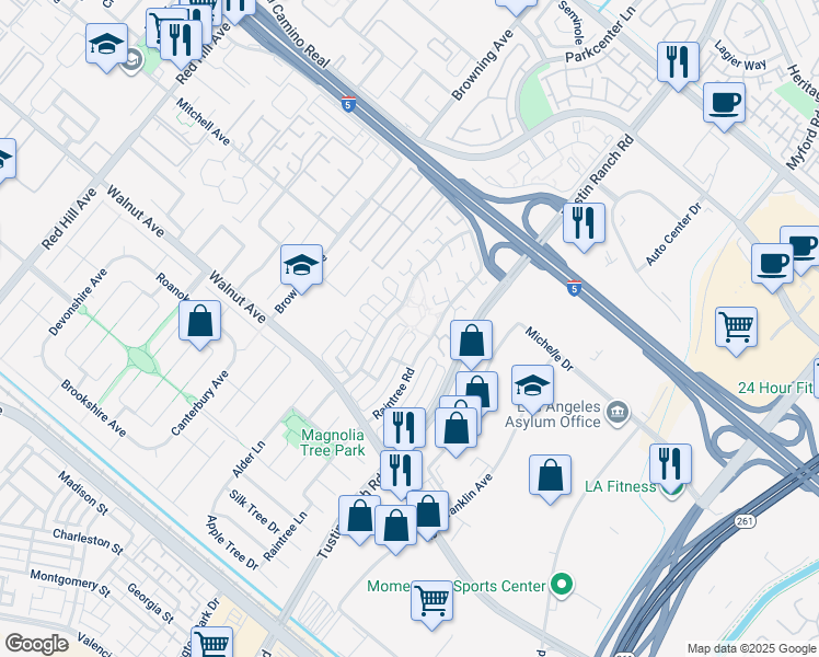 map of restaurants, bars, coffee shops, grocery stores, and more near 10817 Morning Glory Road in Tustin