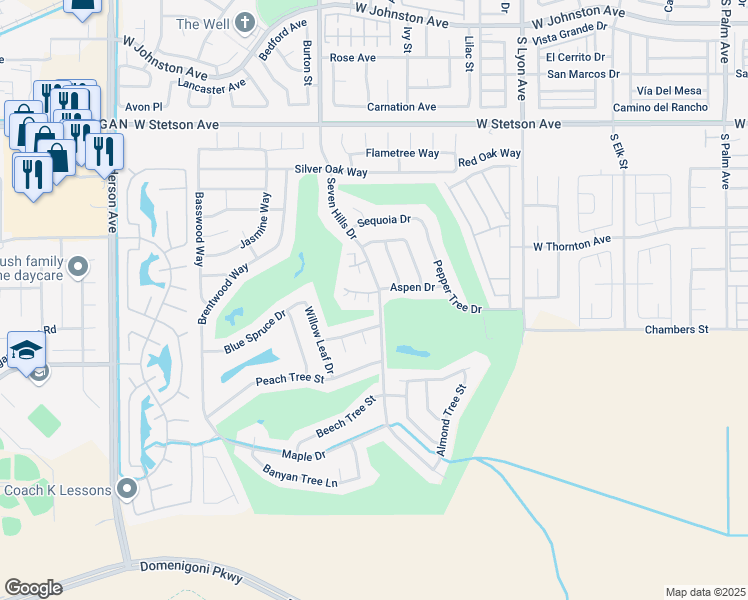 map of restaurants, bars, coffee shops, grocery stores, and more near 1453 Seven Hills Drive in Hemet