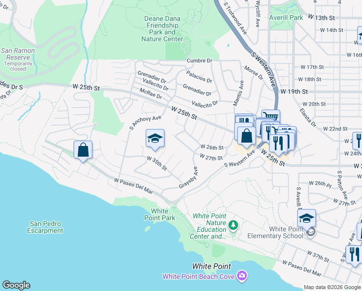 map of restaurants, bars, coffee shops, grocery stores, and more near 1835 West 27th Street in Los Angeles