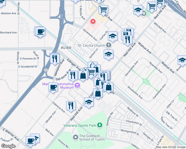 map of restaurants, bars, coffee shops, grocery stores, and more near 1421 Edinger Avenue in Tustin