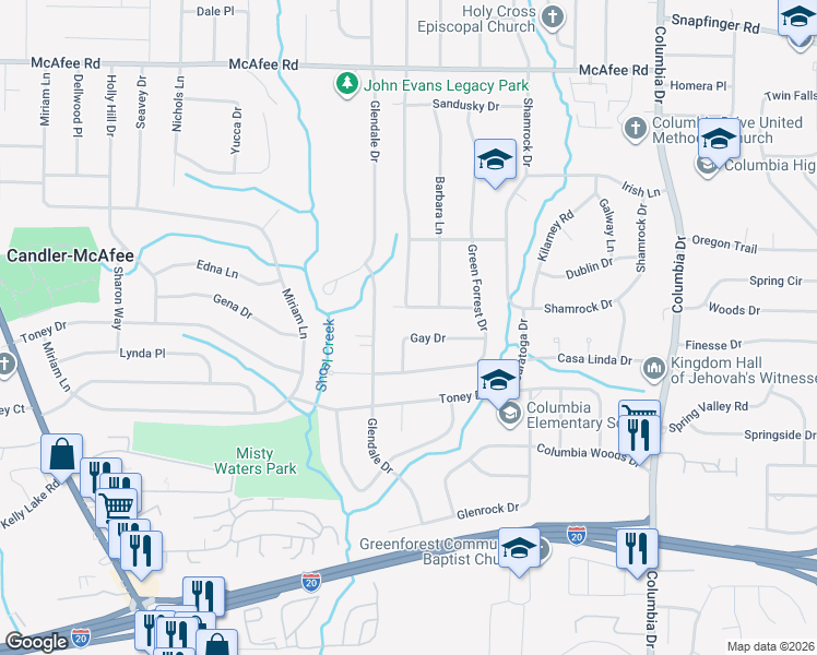 map of restaurants, bars, coffee shops, grocery stores, and more near 3122 Gay Drive in Decatur