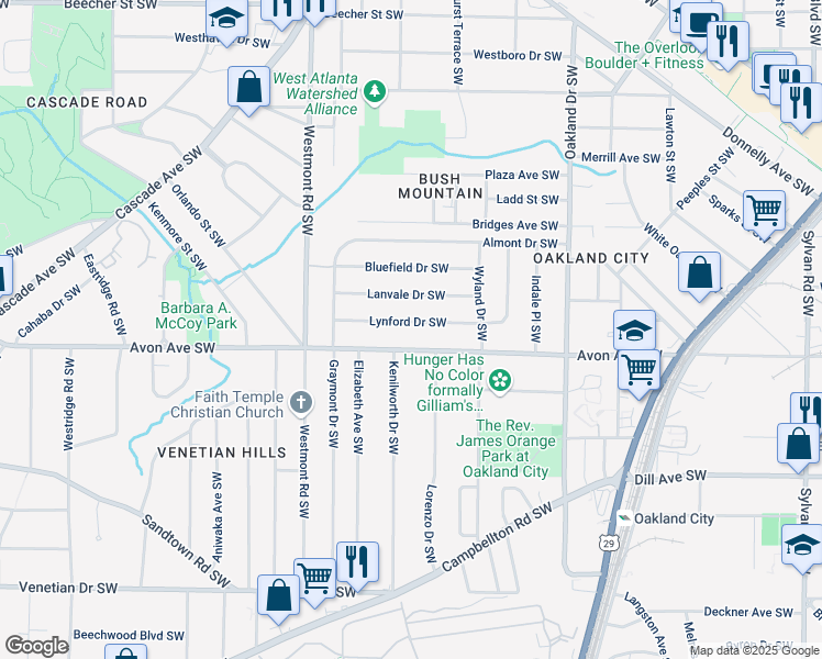 map of restaurants, bars, coffee shops, grocery stores, and more near 1390 Lynford Drive Southwest in Atlanta