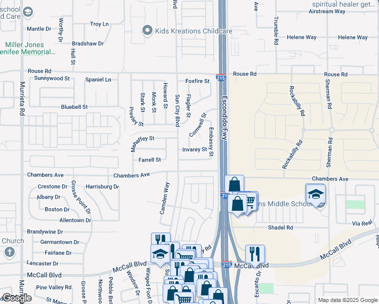 map of restaurants, bars, coffee shops, grocery stores, and more near 26810 Invarey Street in Menifee