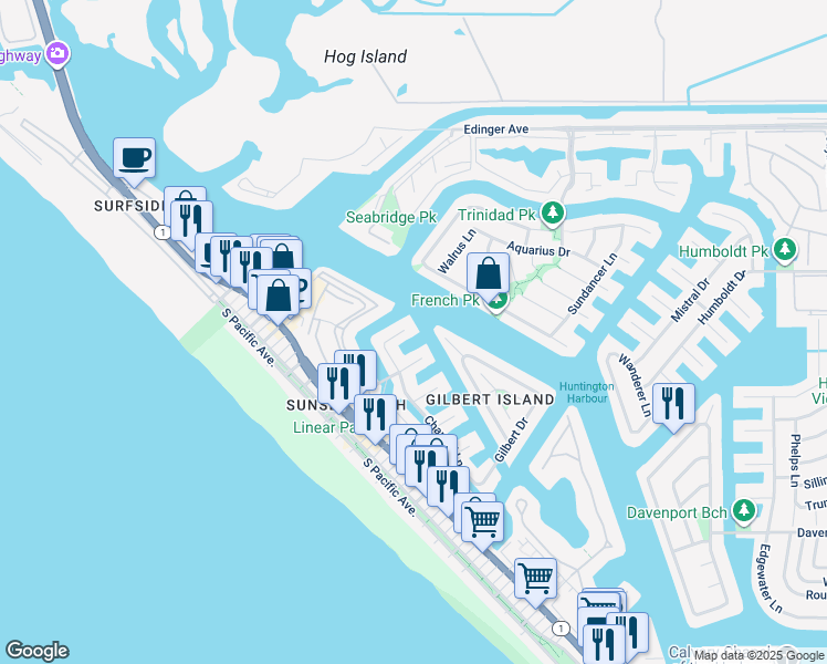 map of restaurants, bars, coffee shops, grocery stores, and more near 3342 Bounty Circle in Huntington Beach