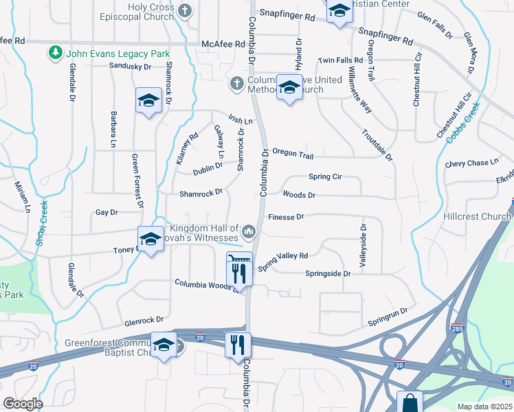 map of restaurants, bars, coffee shops, grocery stores, and more near 2257 Columbia Drive in Decatur