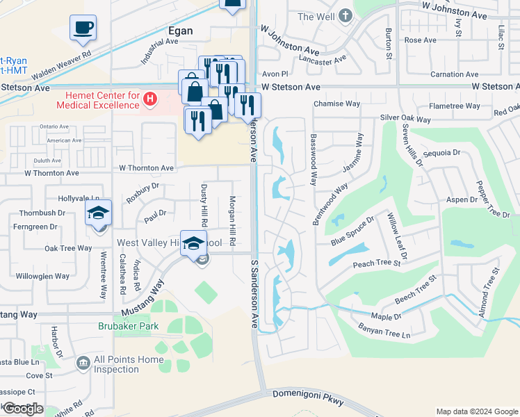 map of restaurants, bars, coffee shops, grocery stores, and more near 1417 Veronica Tr in Hemet