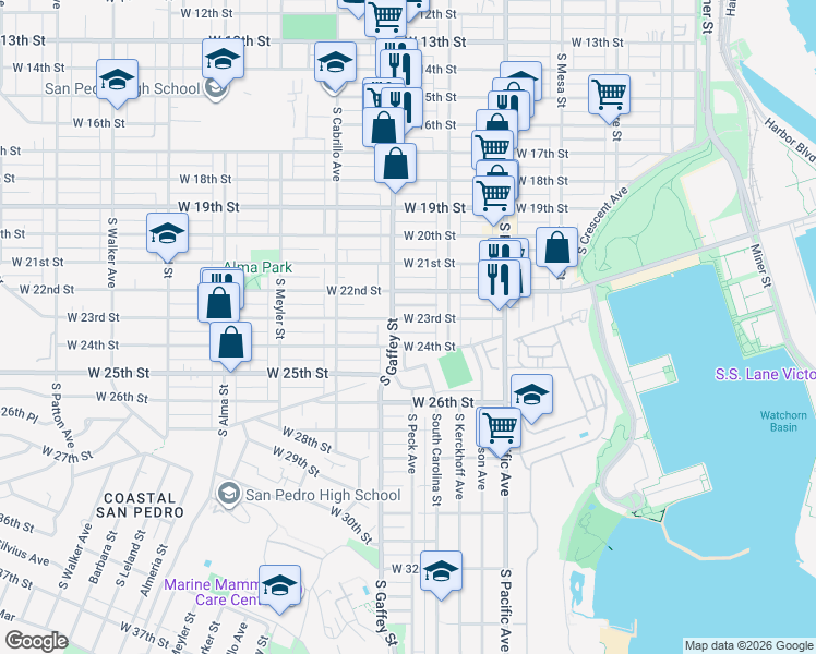map of restaurants, bars, coffee shops, grocery stores, and more near 657 West 23rd Street in Los Angeles