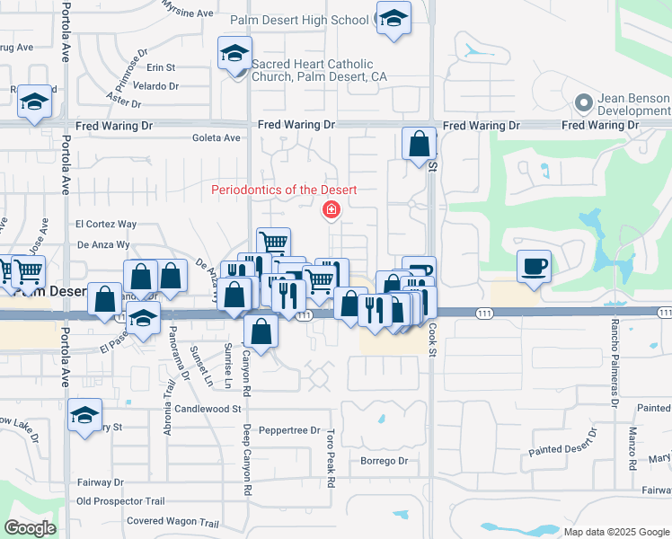 map of restaurants, bars, coffee shops, grocery stores, and more near 44800 Village Court in Palm Desert