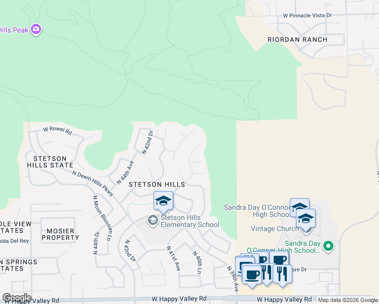 map of restaurants, bars, coffee shops, grocery stores, and more near 26210 North Hackberry Drive in Phoenix