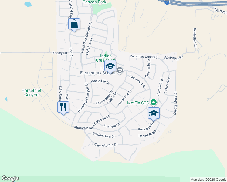 map of restaurants, bars, coffee shops, grocery stores, and more near 13438 Indian Bow Circle in Corona