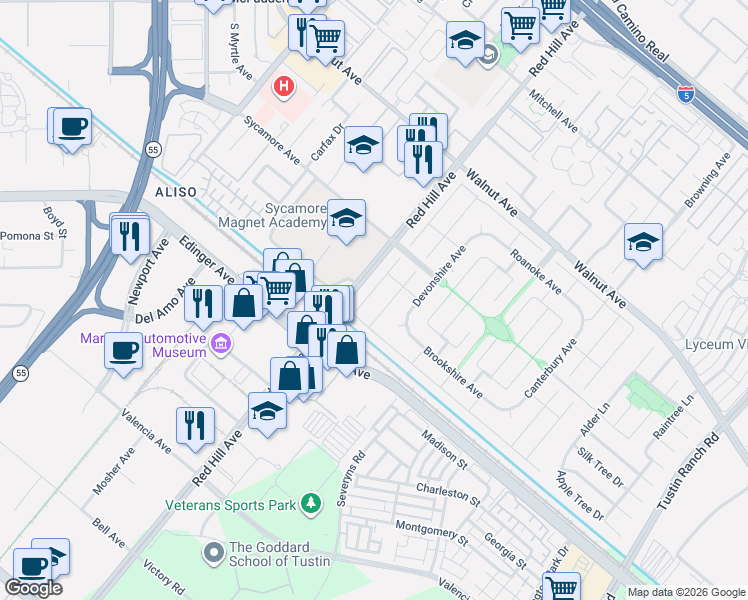 map of restaurants, bars, coffee shops, grocery stores, and more near 14892 Braeburn Road in Tustin