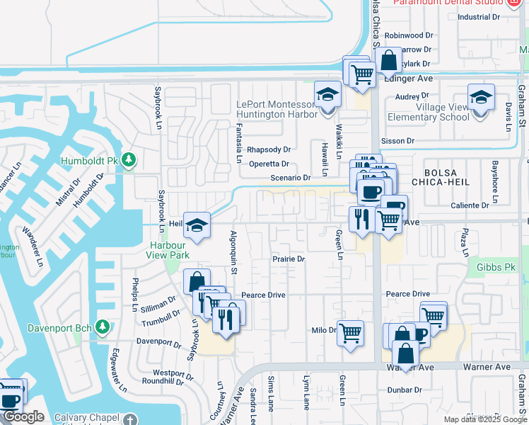 map of restaurants, bars, coffee shops, grocery stores, and more near 4603 Via Vista Circle in Huntington Beach