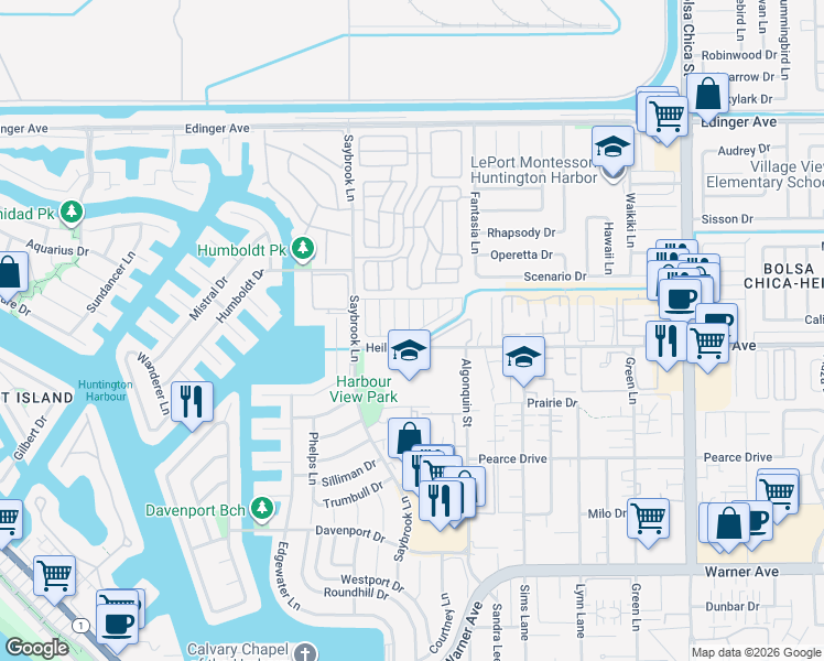 map of restaurants, bars, coffee shops, grocery stores, and more near 16406 Surfside Avenue in Huntington Beach