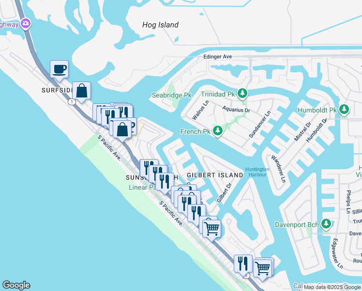 map of restaurants, bars, coffee shops, grocery stores, and more near 3342 Bounty Circle in Huntington Beach