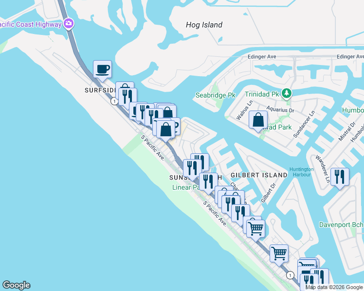 map of restaurants, bars, coffee shops, grocery stores, and more near 16450 Pacific Coast Highway in Huntington Beach