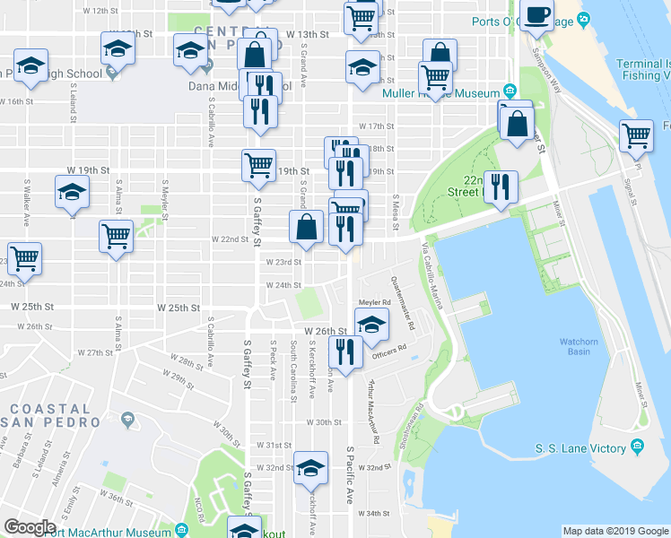 map of restaurants, bars, coffee shops, grocery stores, and more near 2317 South Pacific Avenue in Los Angeles