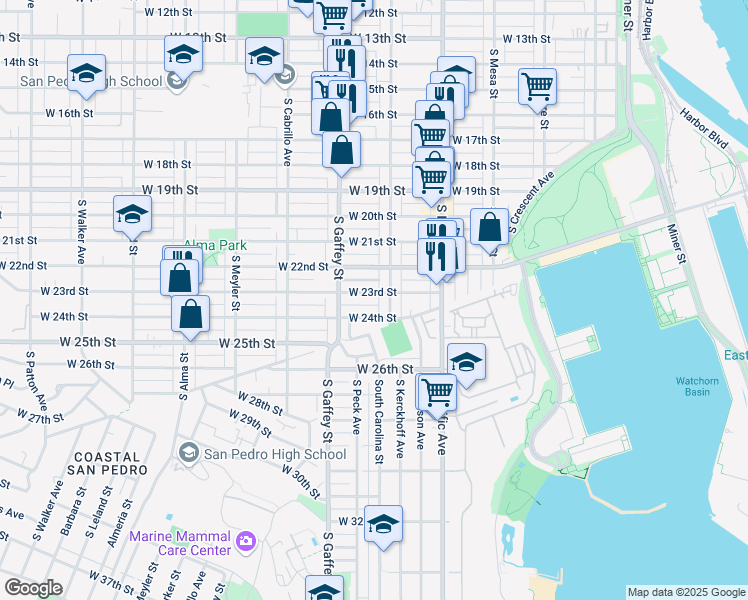 map of restaurants, bars, coffee shops, grocery stores, and more near 657 West 23rd Street in Los Angeles