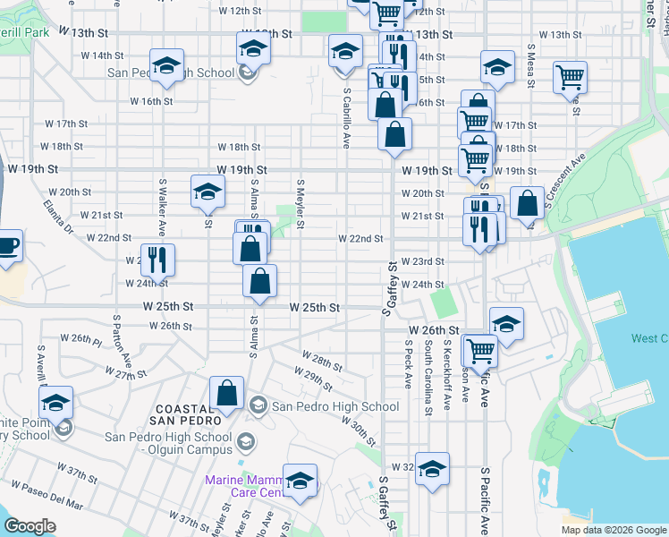 map of restaurants, bars, coffee shops, grocery stores, and more near 2312 South Cabrillo Avenue in Los Angeles