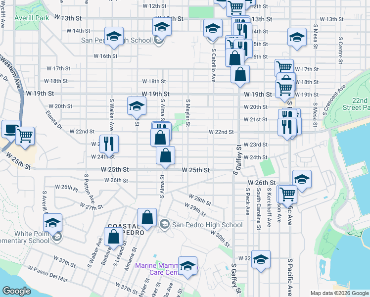 map of restaurants, bars, coffee shops, grocery stores, and more near 2311 South Meyler Street in Los Angeles