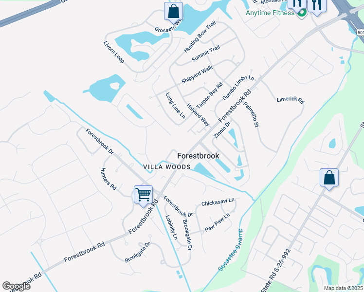 map of restaurants, bars, coffee shops, grocery stores, and more near 406 Villa Woods Drive in Myrtle Beach