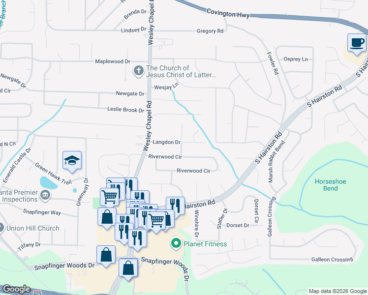 map of restaurants, bars, coffee shops, grocery stores, and more near 4353 Langdon Drive in Decatur
