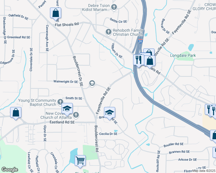 map of restaurants, bars, coffee shops, grocery stores, and more near 1157 Fayetteville Road Southeast in Atlanta
