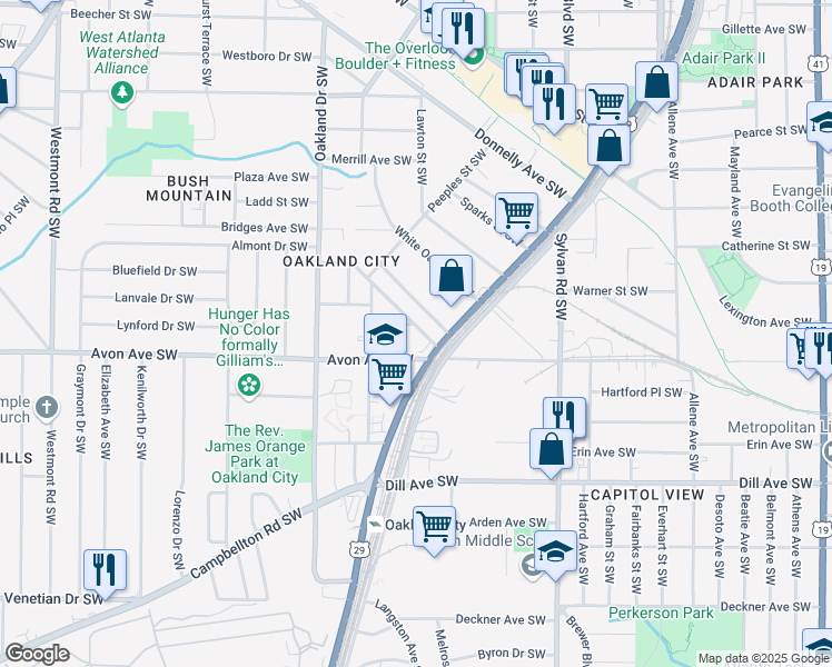 map of restaurants, bars, coffee shops, grocery stores, and more near in Atlanta